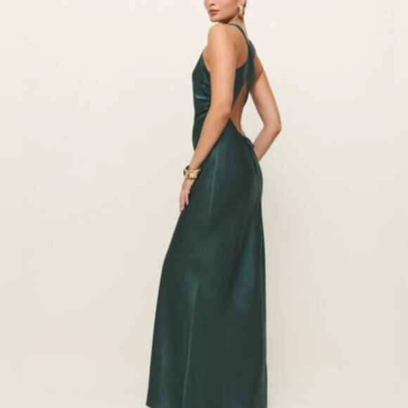NEW Reformation Anaiis Long Silk Dress Forest Dark Green | US 0 UK 4 - Picture 4 of 15